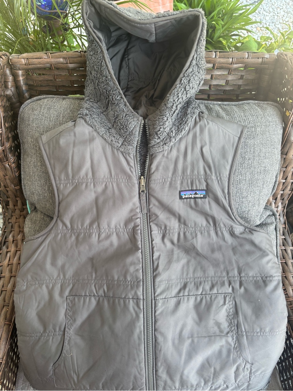 Patagonia Gray Hooded Puffer Vest with Sherpa Lining